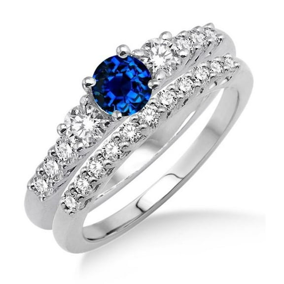Classic 2 Carat 6mm Round Cut Blue Sapphire And Moissanite Diamond Engagement Ring Trilogy Bridal set on 10k White Gold