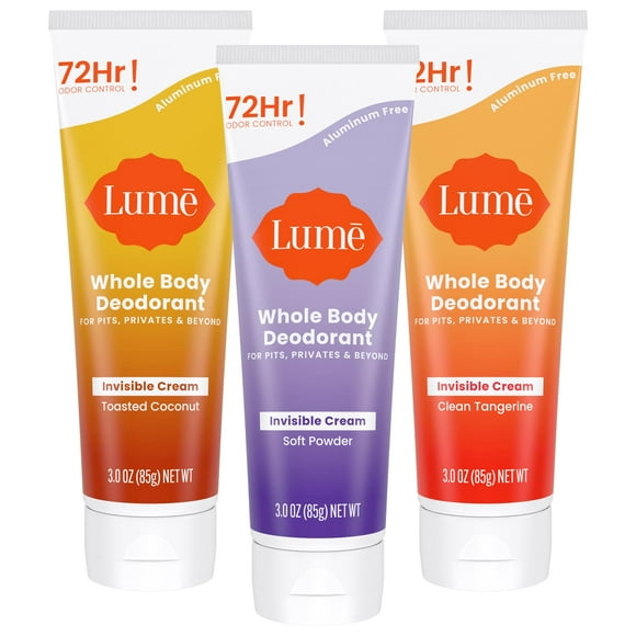Lume Whole Body Deodorant - Invisible Cream Tube - 72 Hour Odor Control - Aluminum Free, Baking Soda Free, Skin Safe - 3.0 ounce (Pack of 3) (Toasted Coconut, Soft Powd
