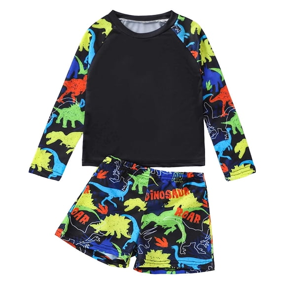 Tfken Summer Swimwear For Boys 2 Piece Long Sleeve Crew Neck Dinosaur Print Tops With Trunks Set Beach Swimsuit Trendy Swimming Children Soft Bathing Suit Black Size 7-8 Years