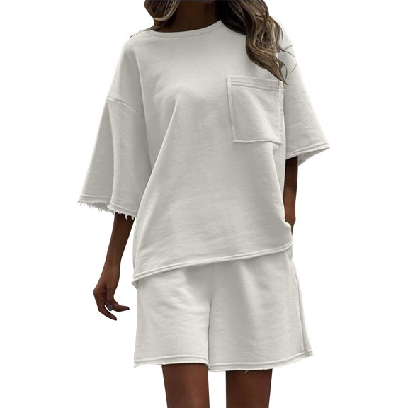 Miqool Womens 2 Piece Sets Summer Outfits 3/4 Sleeve Pocket Oversized T-Shirt Top and Wide Leg Two Piece Lounge Sets Tracksuits, S-XL