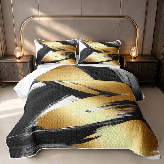 Erosebridal Aesthetic Gold Black Twin Quilt Set, Contemporary Minimalism Twin Coverlet Set, Gray Reversible 2-Piece 1 Bedspread and 1 Pillowcase