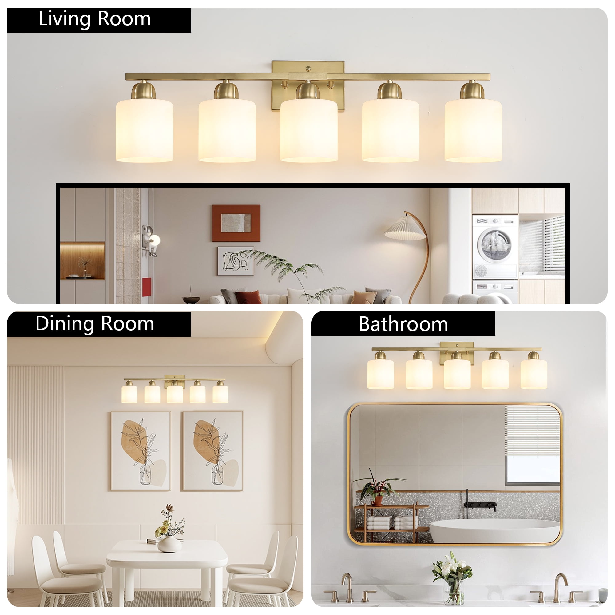 Jopath 5-Light Modern Vanity Light Over Mirror, Wall Sconces with Milky White Frosted Glass Shades for Bathroom, Hallway, or Bedroom Gold (Bulbs Not Included)