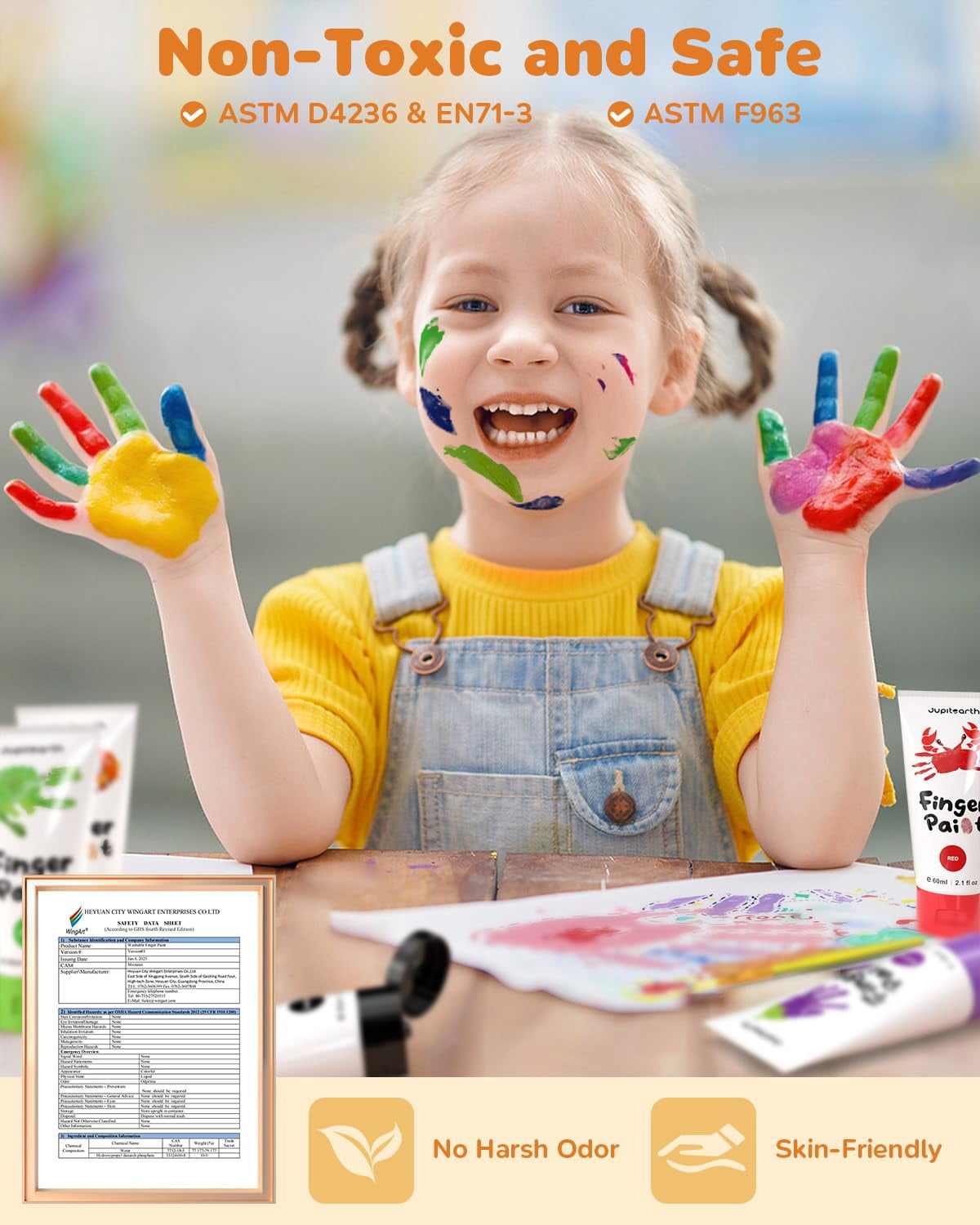 Jupitearth 28 PCS 60ml Finger and Washable Paint,Non-Toxic 12Vibrant Colors,Palette,Apron,Brush,Eye Stickers,Paints for Hand and Feet,Art Supplies