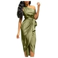 thumbnail image 2 of Robe Sexy Femme Épaule Dénudée Froncée Sans Manches Ceinture Robe Formelle, 2 of 6