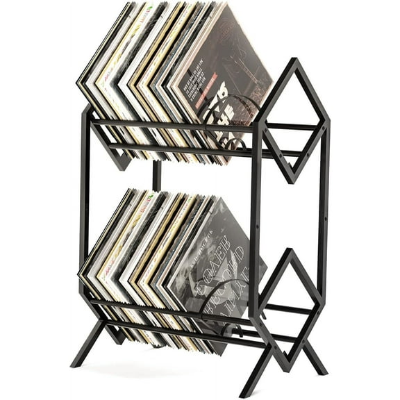 2-Tier-Vinyl-Record-Storage-Holder With Dividers, 200 LPs Albums Storage Rack Shelf, Steel Music Records Display Shelf Organizer For Book, Magazine, Files,Matte Black