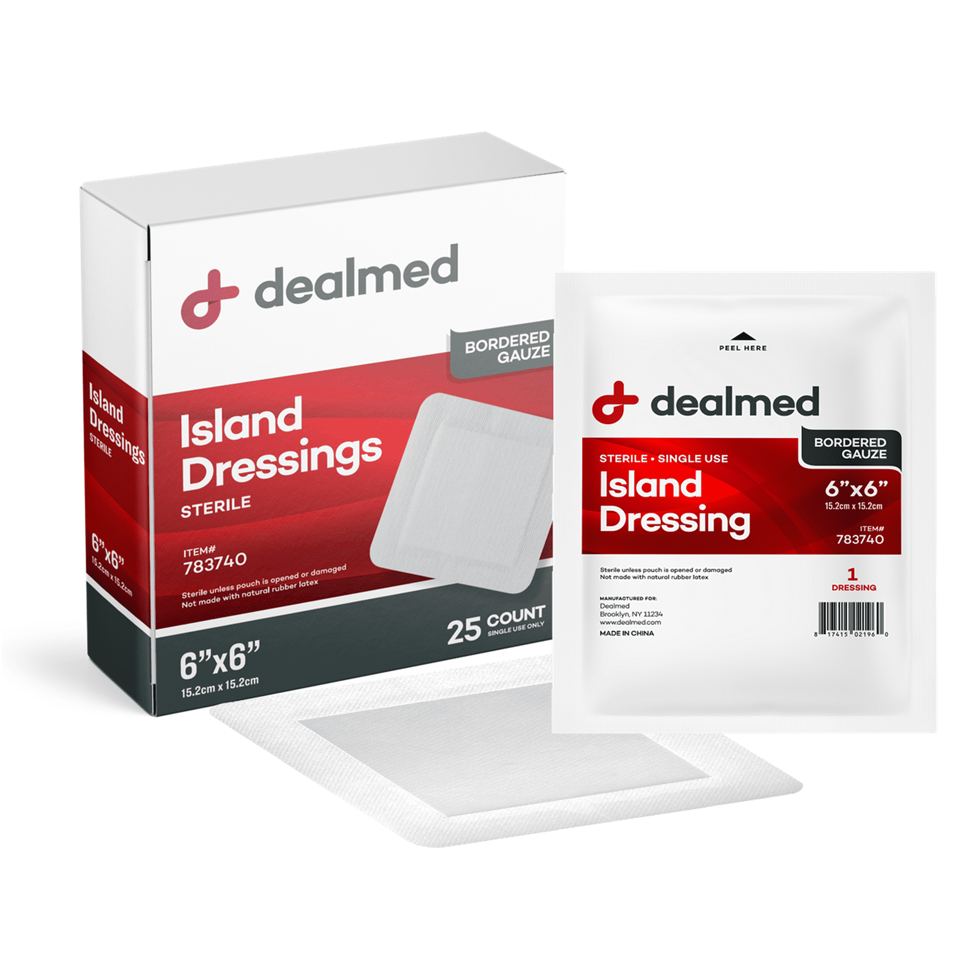 Dealmed Bordered Gauze 6" x 6" Island Dressing, Individually Wrapped, Sterile, 25/Box (Pack of 1)