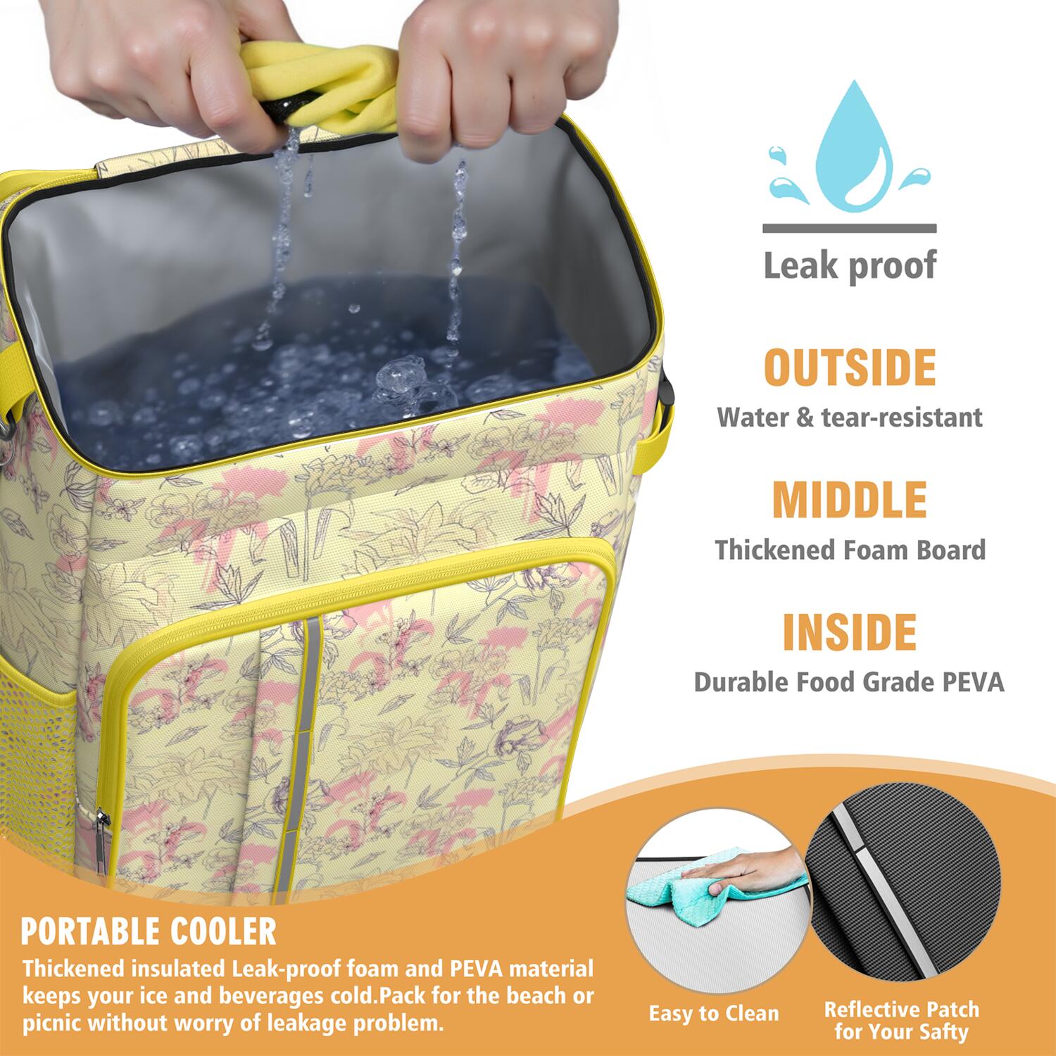 Travel Cooler Bag - Pioneer Flower Floral Print Pattern Camping Beer Cooler Backpack with Bottle Opener- Waterproof Insulated Picnic Backpacks - Cooler Bag for Beach