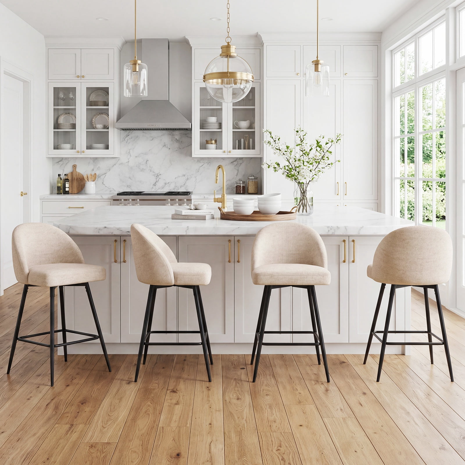 JULY'S SONG Counter Height Bar Stools with Back Sets of 2, 360°Swivel Upholstered Barstools with Metal Legs, 27" Seat Height Bar Stool for Kitchen Island, Light Flax