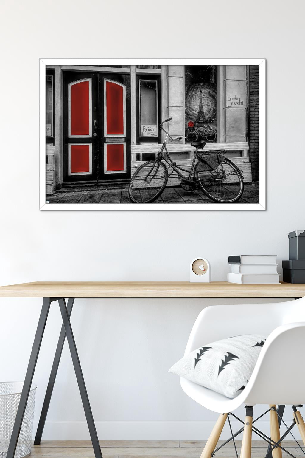 City Bike in Black and White Color Selected Red Wall Poster, 22.375" x 34" Framed