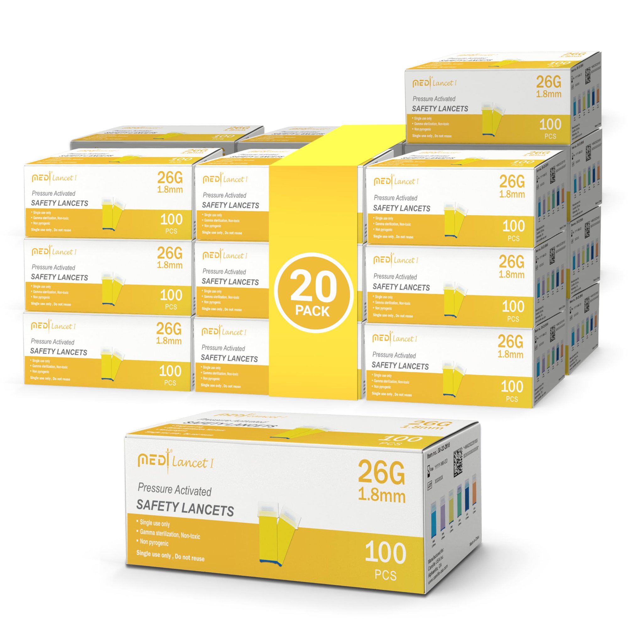 Medt Safety Lancets 26G 1.8mm - 20 Boxes of 100 Ct Bulk