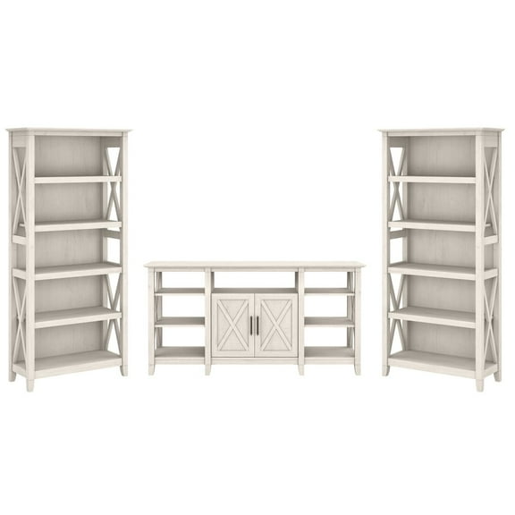 Key West Tall TV Stand with Set of 2 Bookcases in Linen White - Engineered Wood