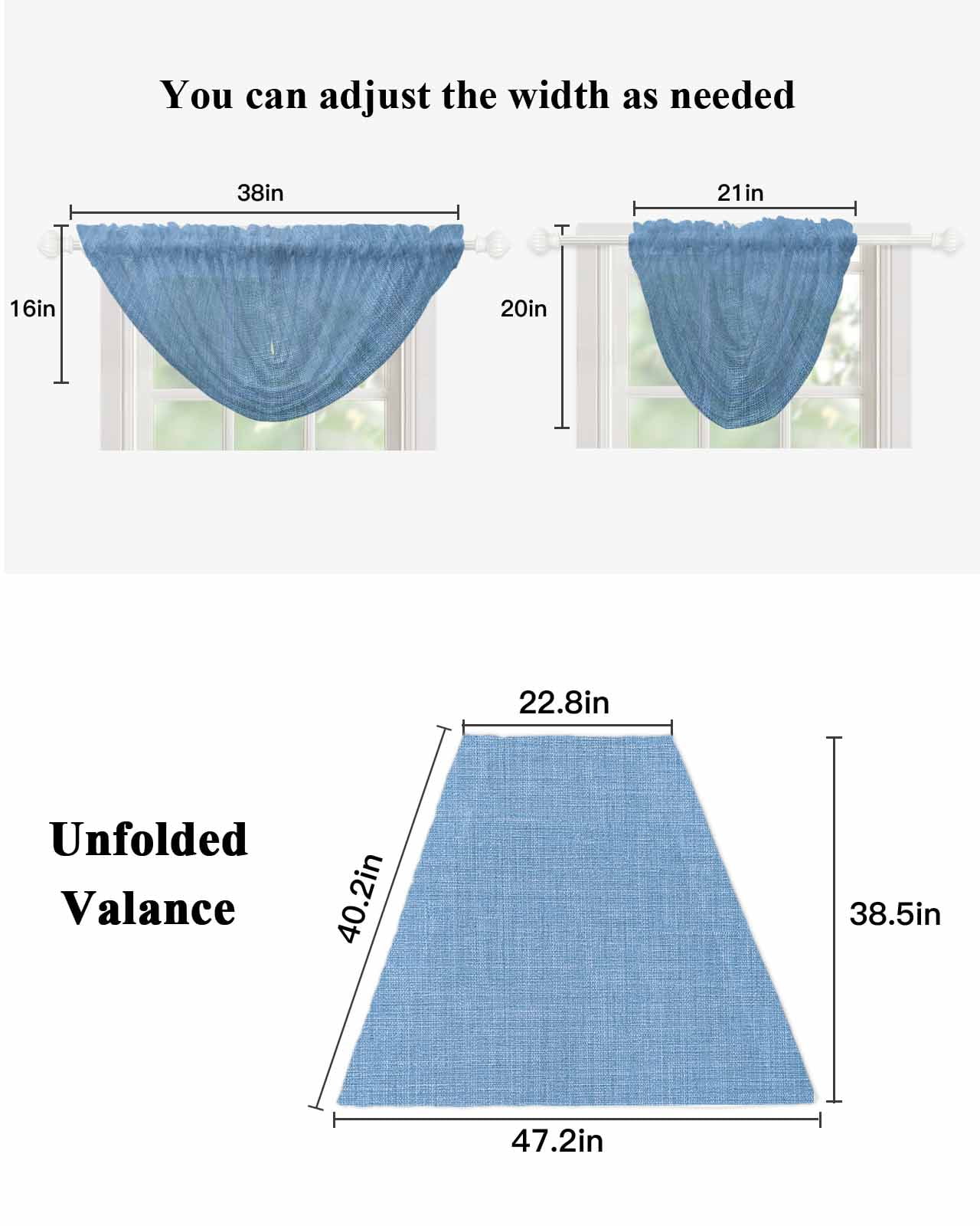Blue Waterfall Valances for Windows, Farmhouse Burlap Solid Blue Color Modern Linen Texture Sheer Valance Curtains, Rod Pocket Elegant Swag Valances for Living Room Bedroom, 47.2"x38.5", 2 Panel