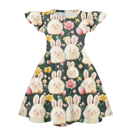 HAJWOH Easter Dresses for Girls Flutter Sleeve Easter Dresses Funny Cartoon Bunny Egg Print Mini Dress Lightweight A-Line Dress Army Green 8-9 Years