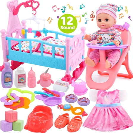 JoyStone Baby Play Set with 12.5" Doll, Crib, High Chair, 41 Pcs Accessories & 2 Outfits, Pretend Play Toys for Girls Toddlers