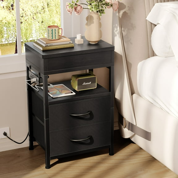 Bestco Black Nightstand with Sliding Top Modern End Table with Charging Station & 2 Drawers