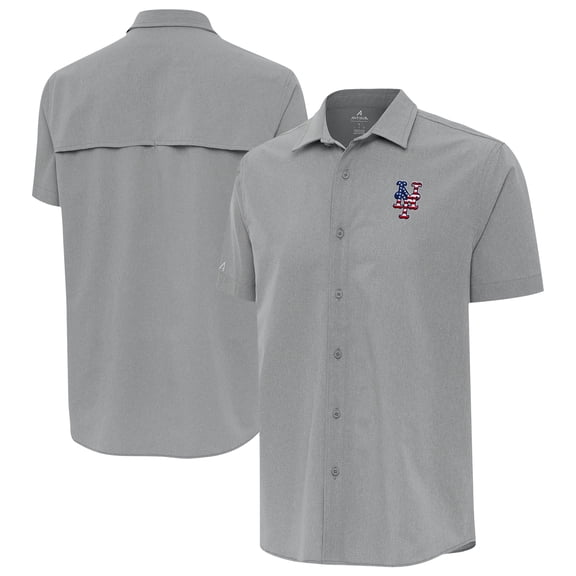 Men's Antigua Gray New York Mets Activate Stars and Stripes Team Logo Short Sleeve Button-Up Shirt