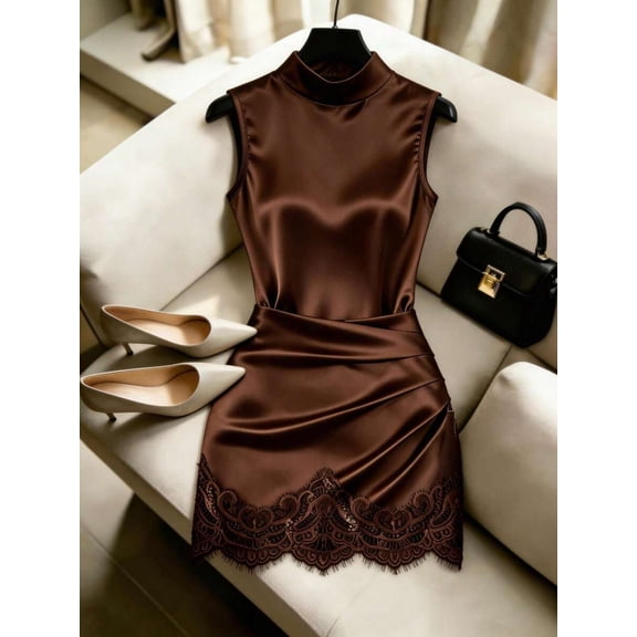 Brown Satin High Neck Sleeveless Bodycon Dress With Lace Trim And Pleated Waist