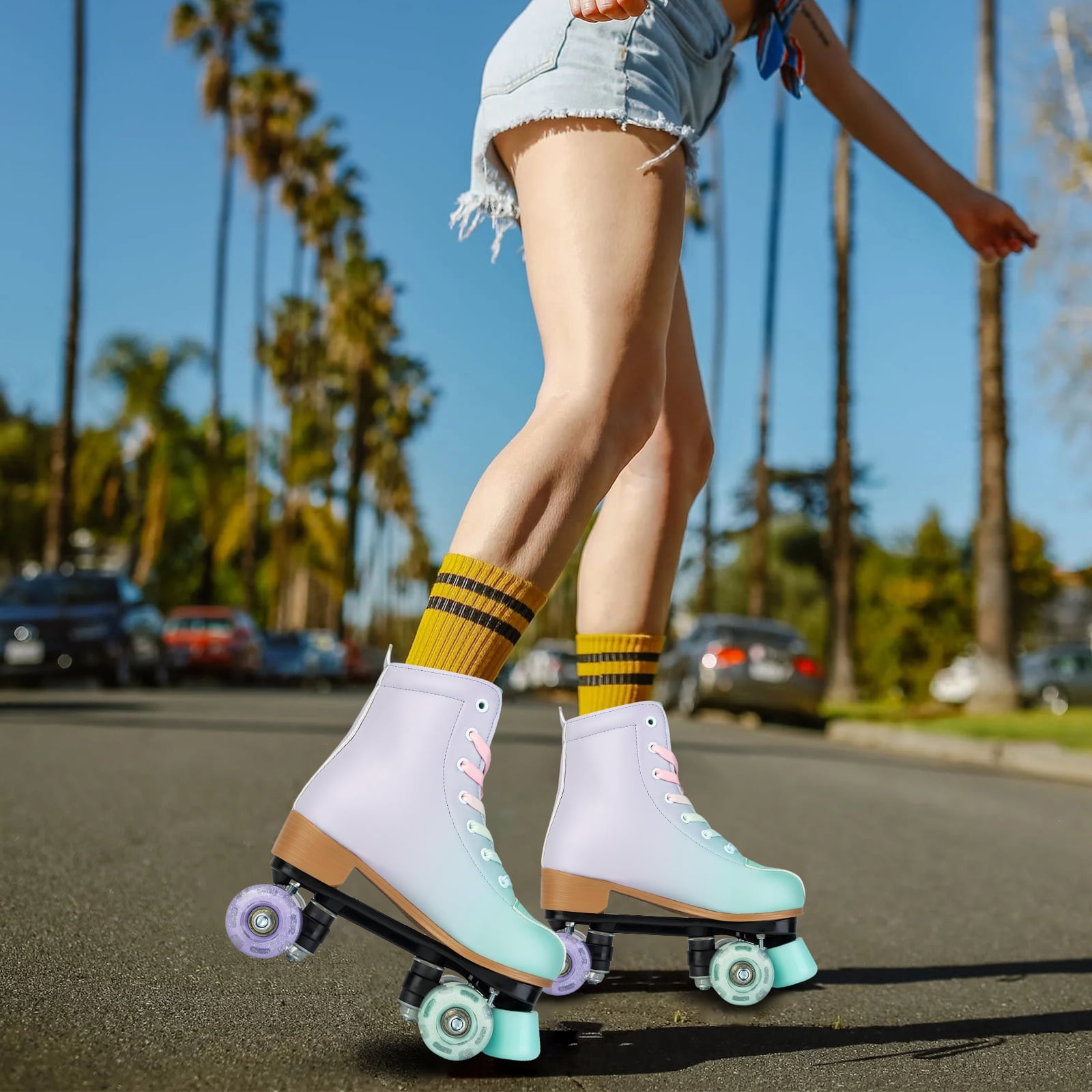 SLLINGLUO Roller Skates for Women, Grils High-Top Roller Skates Double Row Leather Shiny Quad Skates, Purple & Green, Size 6.5