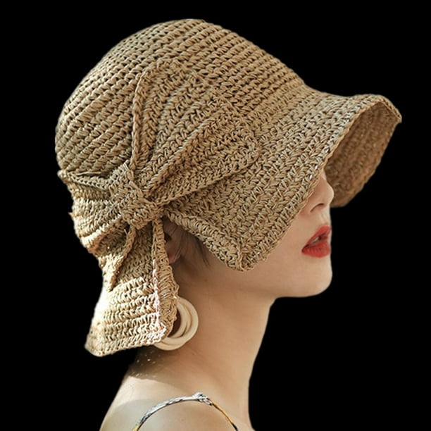 Flmtop Summer Handmade Woven Bow Sun Hat Floppy Brimmed Women Girl Straw Bucket Cap Other