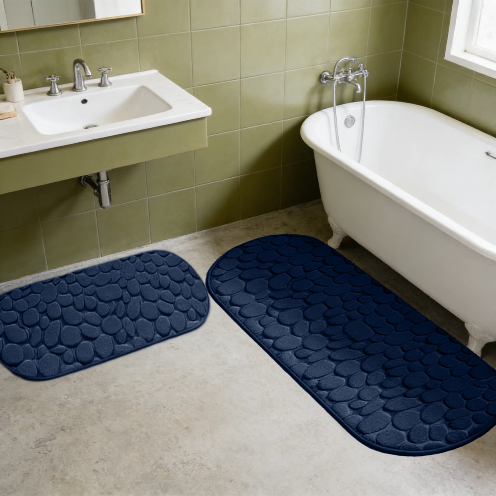 Cobblestone Pattern Rugs Set 2 Piece, Memory Foam Water Absorbent Bath Mats, for Bathroom, Sink, Toilet and Floor (15.7x23.6in+15.7x47.2in, Blue)