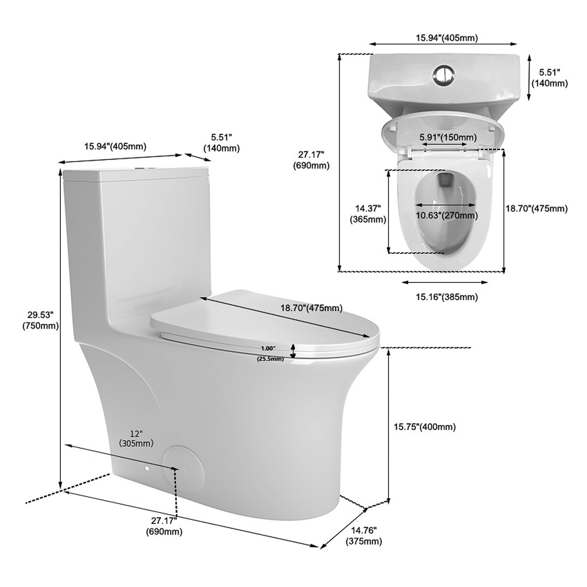 TrumanPick Elongated One Piece Toilet with 1.6 GPF Dual Flush, Compact Toilet, MAP Score 1000g, 12'' Rough-in, White