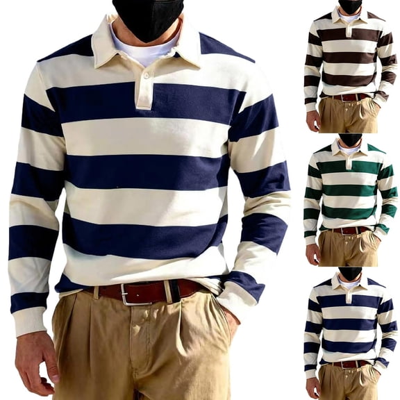 Umfun Men's & Big Men's Striped Rugby Shirt Long Sleeve Collared Pullover Top Casual Sporty Knit Sweater for Autumn Winter Daily Wear