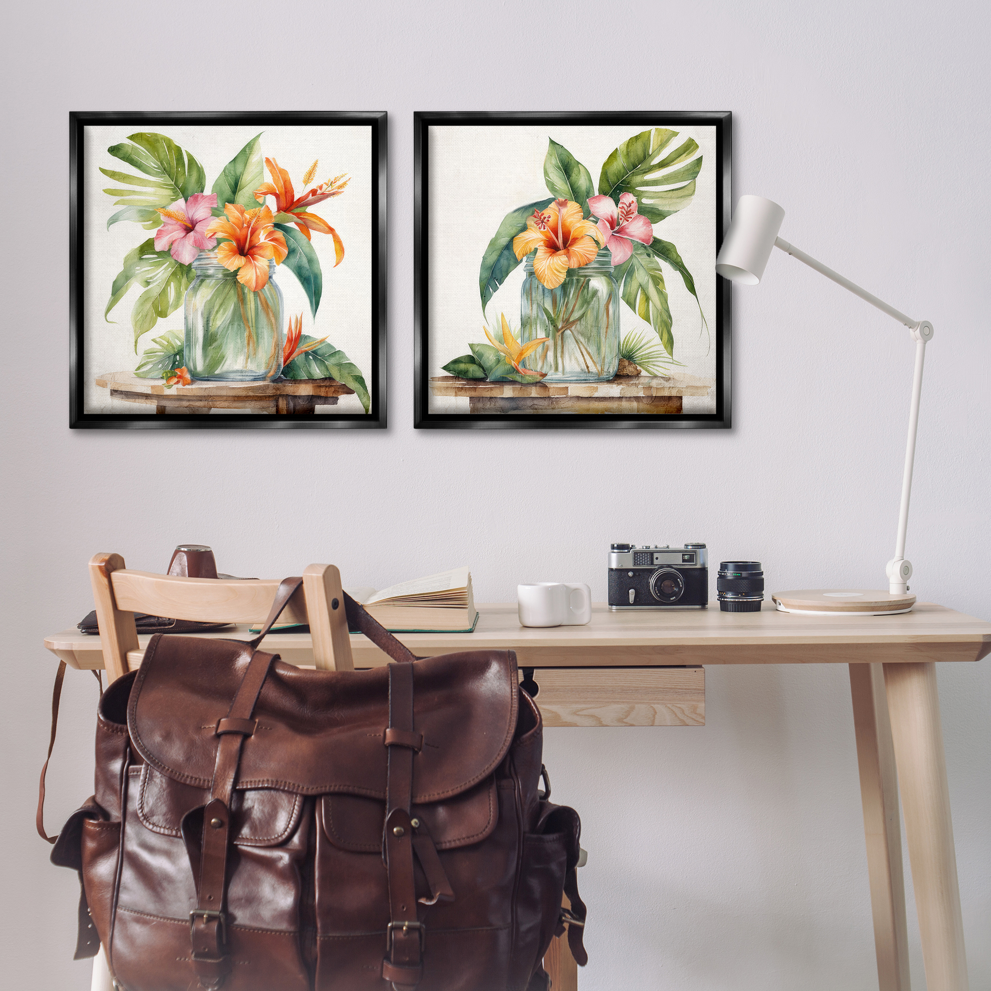 Stupell Industries Tropical Hibiscus Floral Jar Plants & Flowers Painting Black Floater Framed Canvas Art Print Wall Art, 25 x 25, Set of 2
