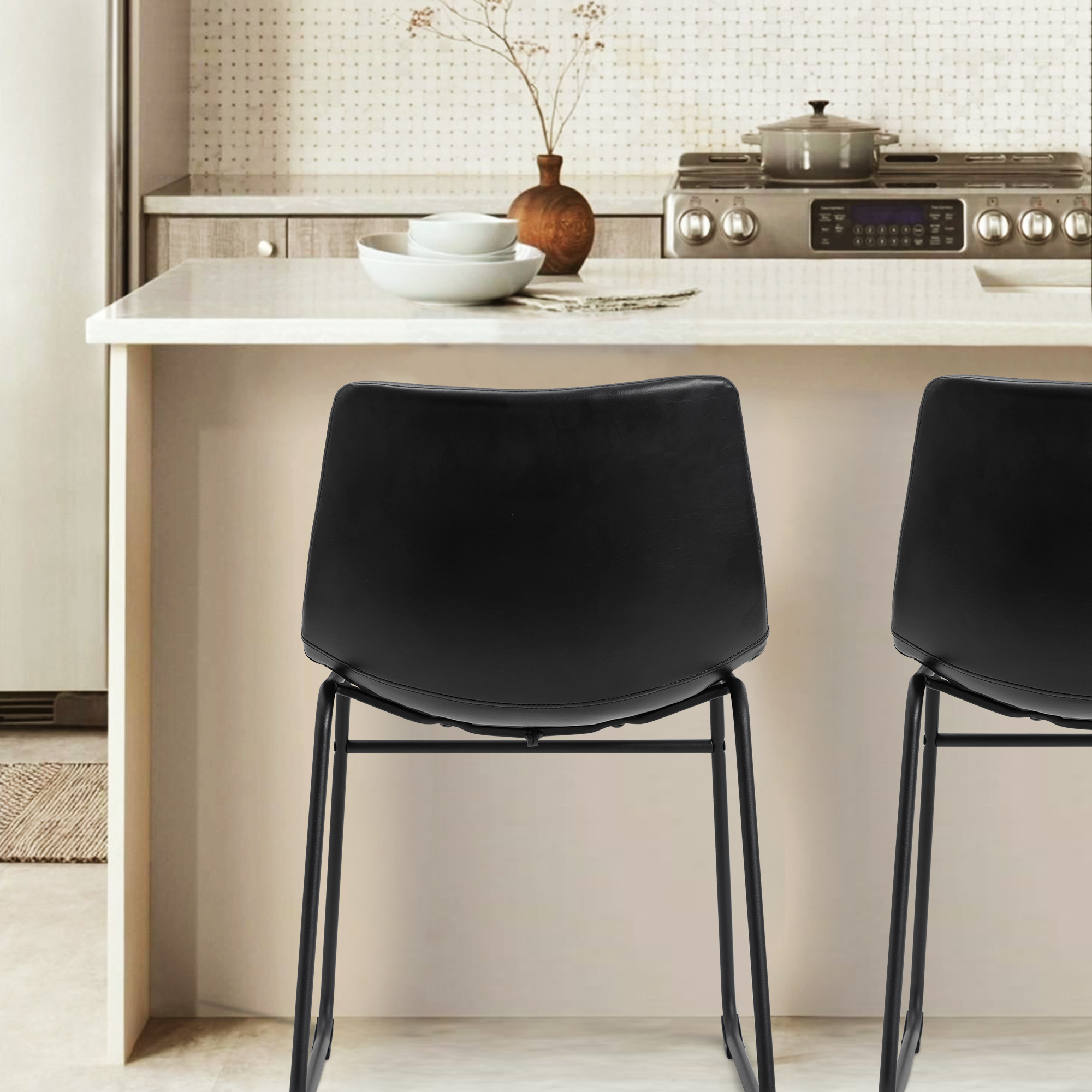 Set of 2 Fabric Bar Stools Low Back Counter Height Bar Stool with Leather Pub Chairs Height 29" Black