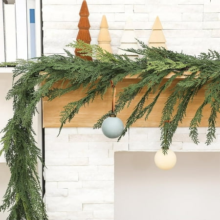 Guvpev 6FT Christmas Cedar Garland Artificial Winter Cedar Pine Needles Garland Seasonal Decor Real Touch Faux Cypress Greenery Garland for Mantel Holiday Indoor Outdoor Christmas Decorations