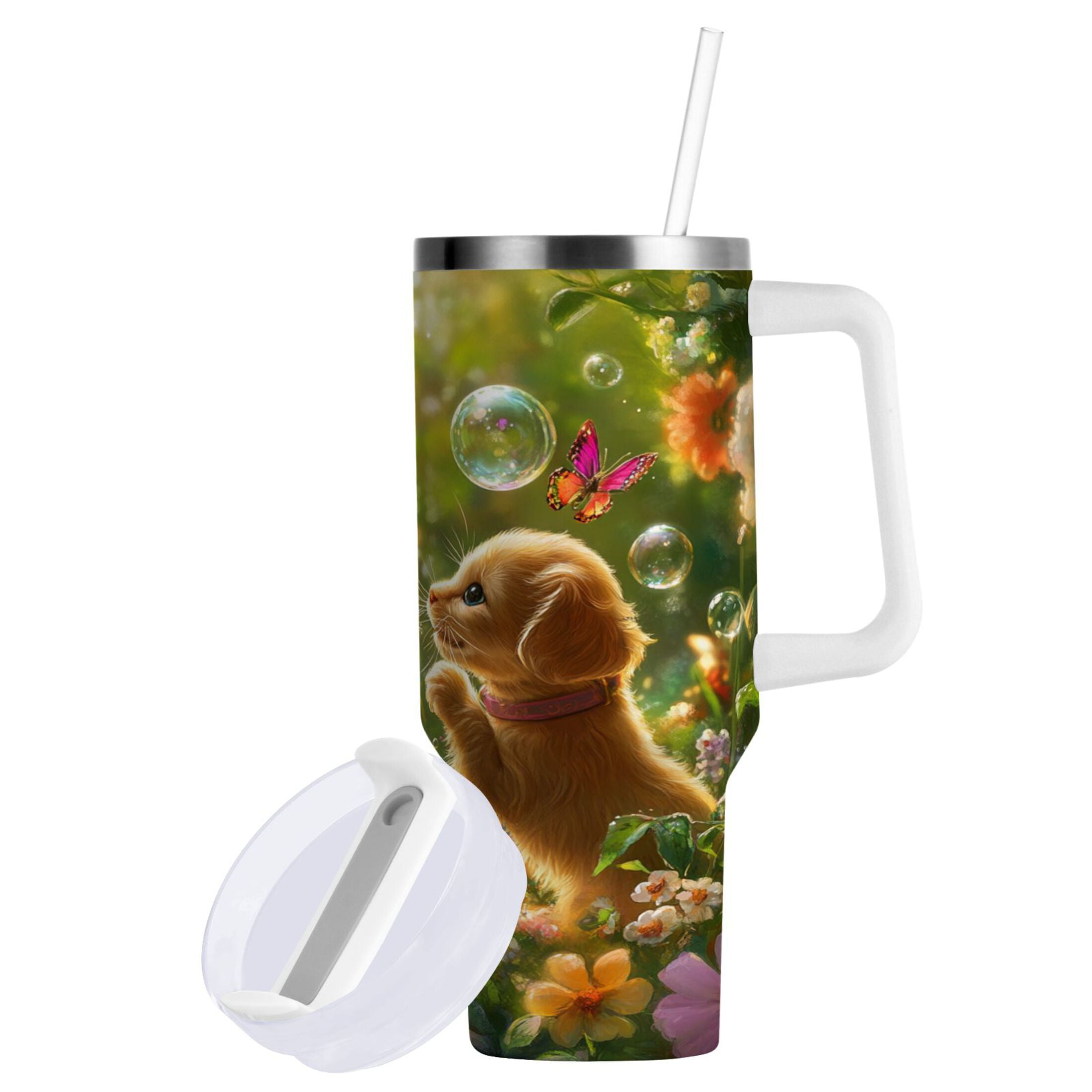 YAZAOO Tumbler 40oz Insulated Stainless Creative Kitten and Puppy with Butterflies Pattern Steel Water Bottles