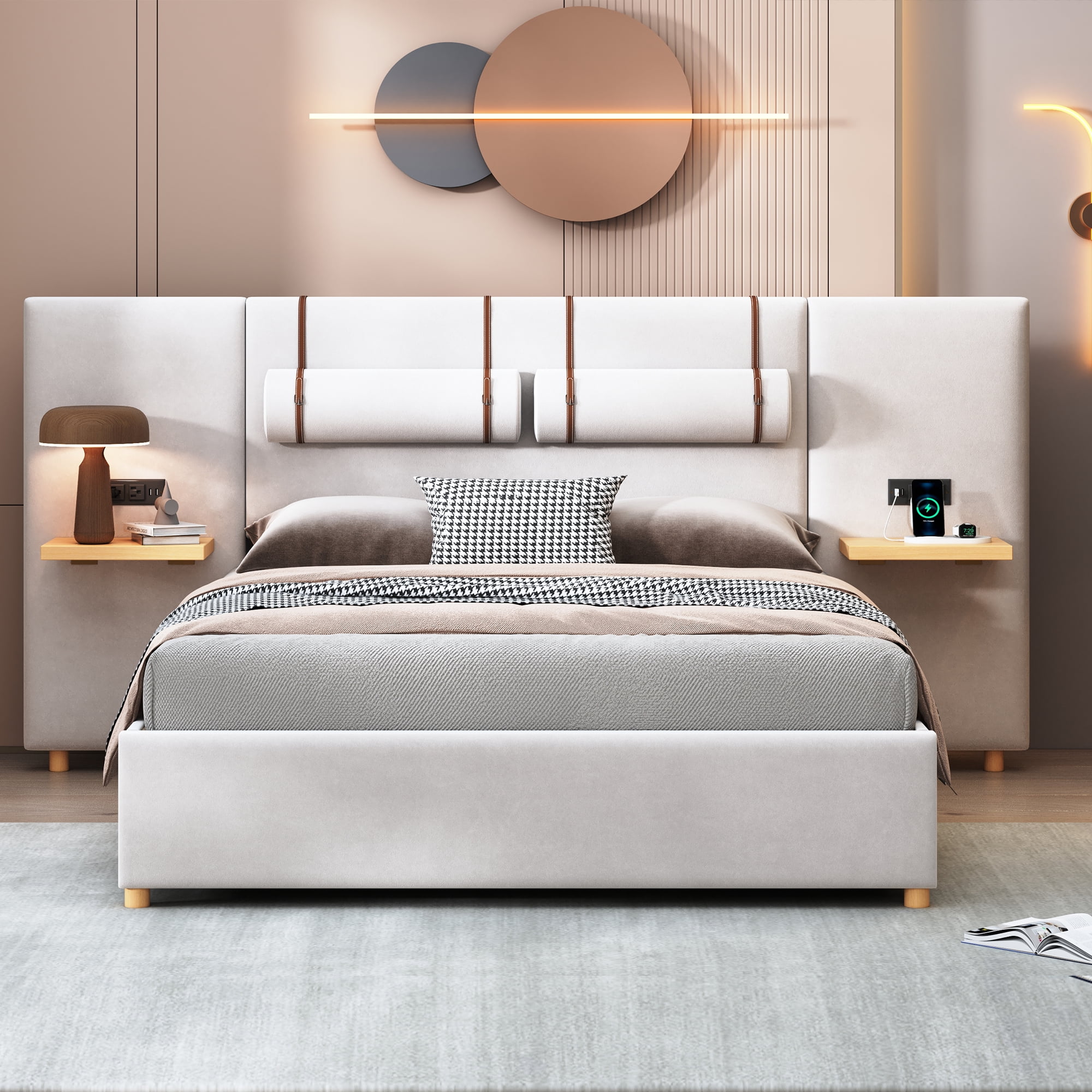 Euroco Upholstered Queen Size Platform Bed with Shelves, USB Charging and Pillows for Adults, Beige