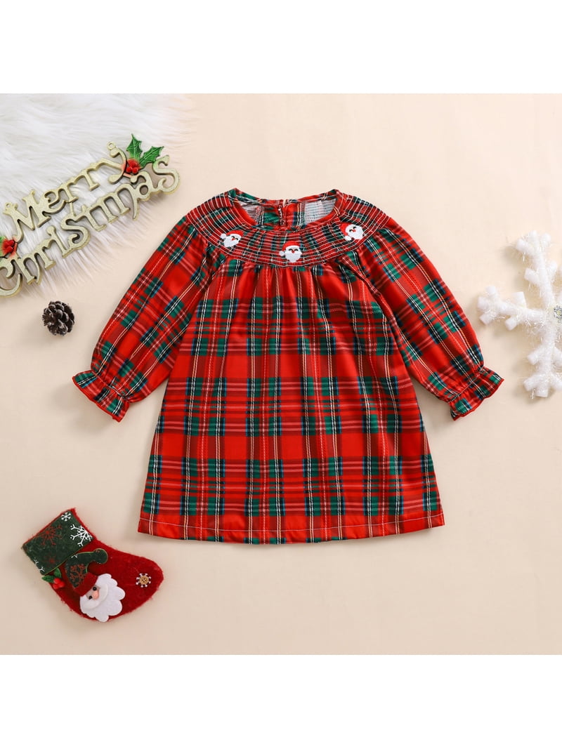 long sleeve smocked christmas dress Santa Smocked Christmas Dress in Plaid