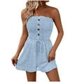 thumbnail image 2 of Luxalzxs Women Summer Sexy Strapless Short Romper Off Shoulder Ruffle Ruched Drawstring Waist Jacquard Smocked Jumpsuit Vacation Beachwear Casual Boho One Piece Romper, 2 of 8