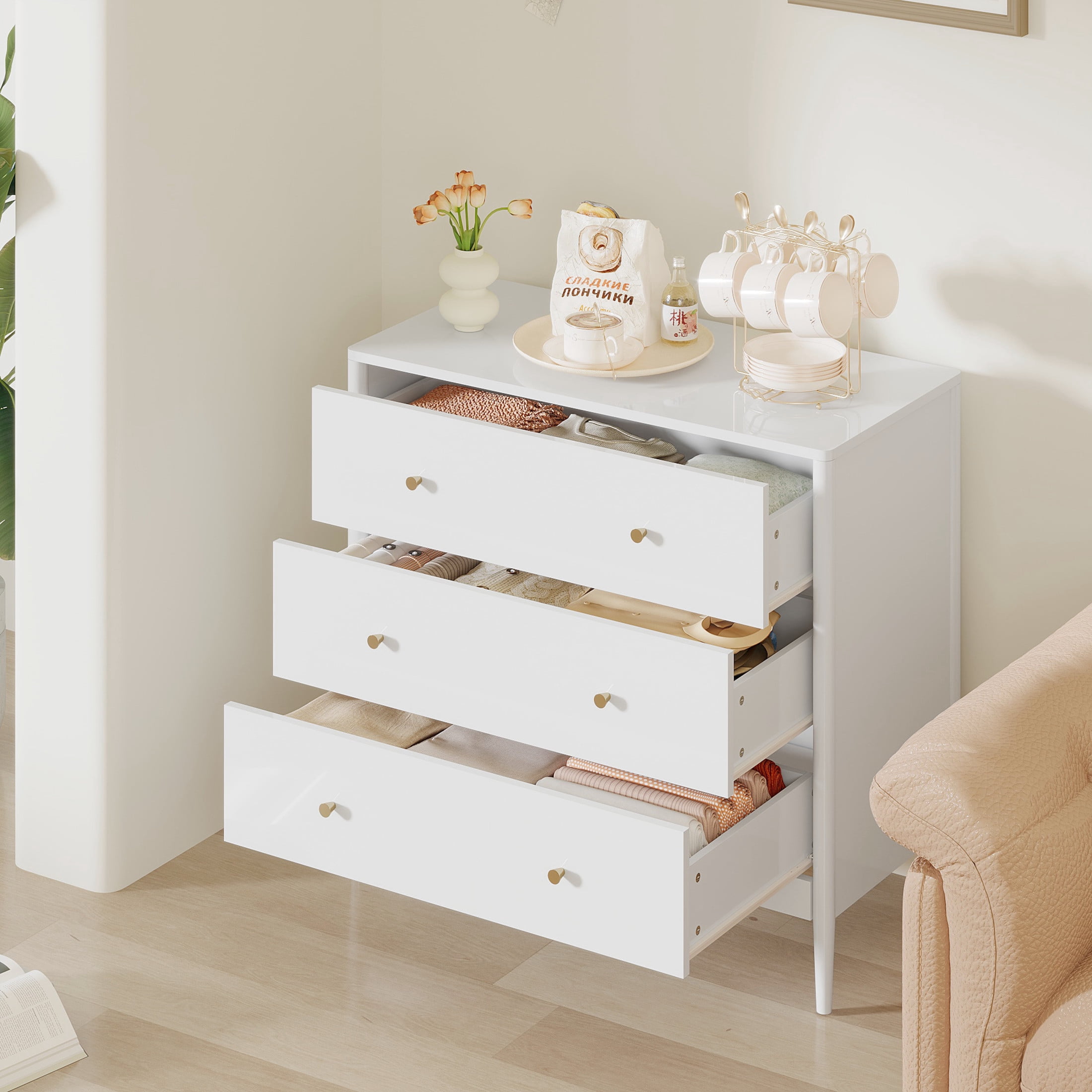 Noble House Prix Modern 3-Drawer Dresser Chest, Wooden Storage Cabinet, Organizer for Bedroom or Small Space, White