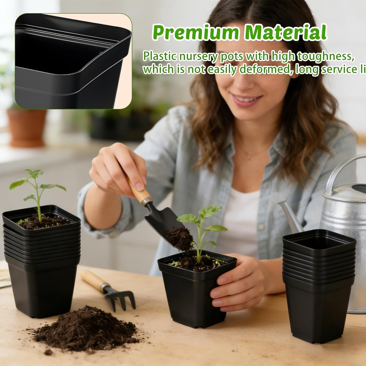 Black Square Nursery Pots with Plastic Seed Starting Trays, Plant Propagation Starter Kit Square Pots with Drain Holes