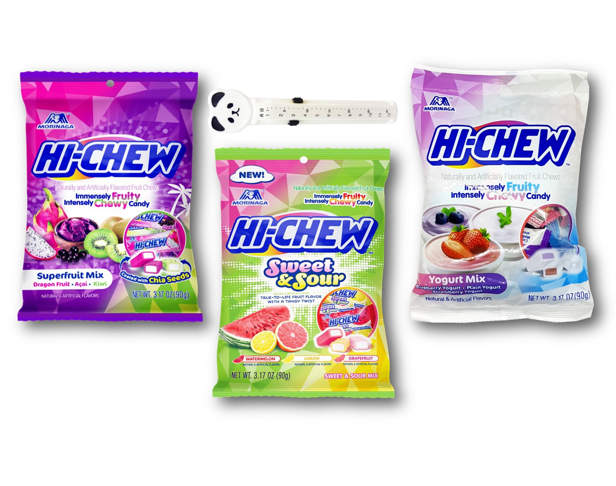 Hi-Chew Chewy Fruit Candy Peg Bag 3-Flavor Bundle; Superfruit, Sweet & Sour, and Yogurt Mix,  3.17 oz. Each with Storage Bag Clip (4-Pc Set)