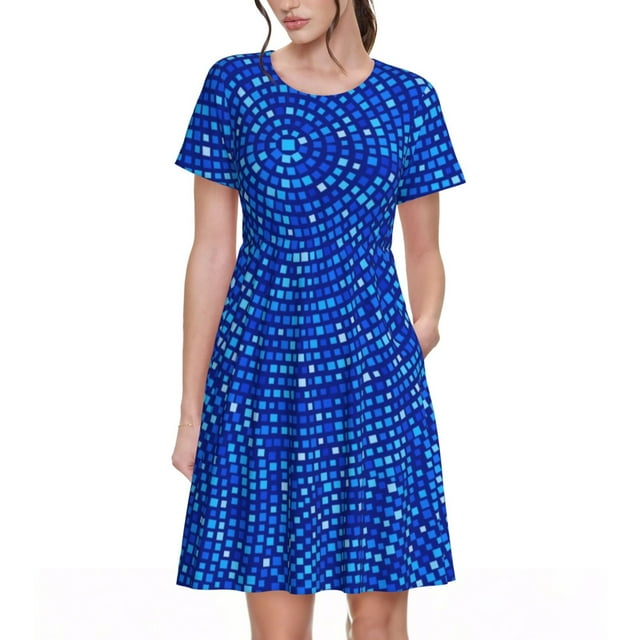 Daiia Robes pour Femmes Imprimé Mosaïque Cercles Bleus 2025 Tendance Manches Courtes Robes Décontractées Amples Fluides Maxi Robes de Soleil