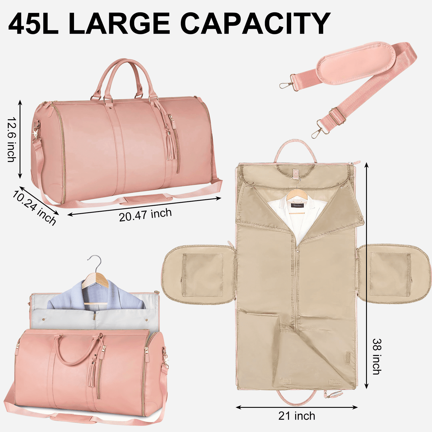 Convertible Travel Garment Bag, Carry On Garment Bag for Travel Convertible Leather Garment Duffle Bag Suit Bags for Women Men, 2 in 1 Hanging Dress Suitcase Business Travel Bag with Shoe Pouch, Pink