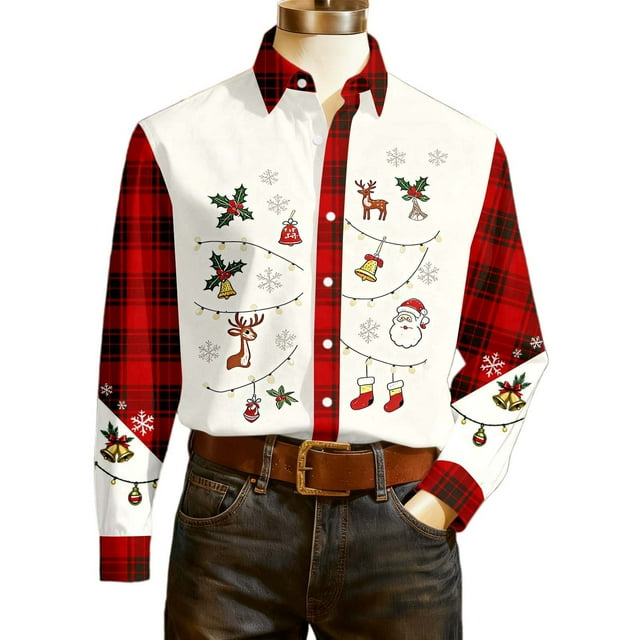 Chemises de Noël Imprimées pour Mode Décontractée Manches Longues Chemise Ouverte devant Douce Confortable Coupe Ample Couleur Unie Col Rond Haut Extérieur