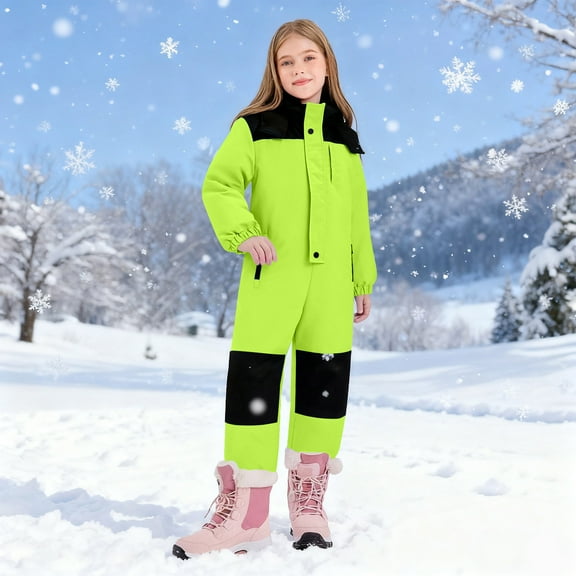 SGFCWSX Kids Girls Ski Onesie Insulated Color Block Waterproof Snow Jumpsuit for Winter Snowboarding and Skiing Green Size 5-6Year