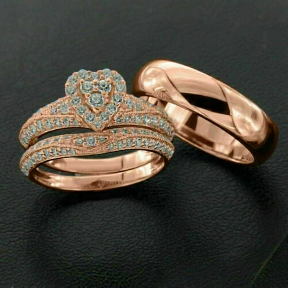 Hitanshu Jewels 3CT Round Cut CZ 14K Rose Gold Finish Wedding Trio Ring Set