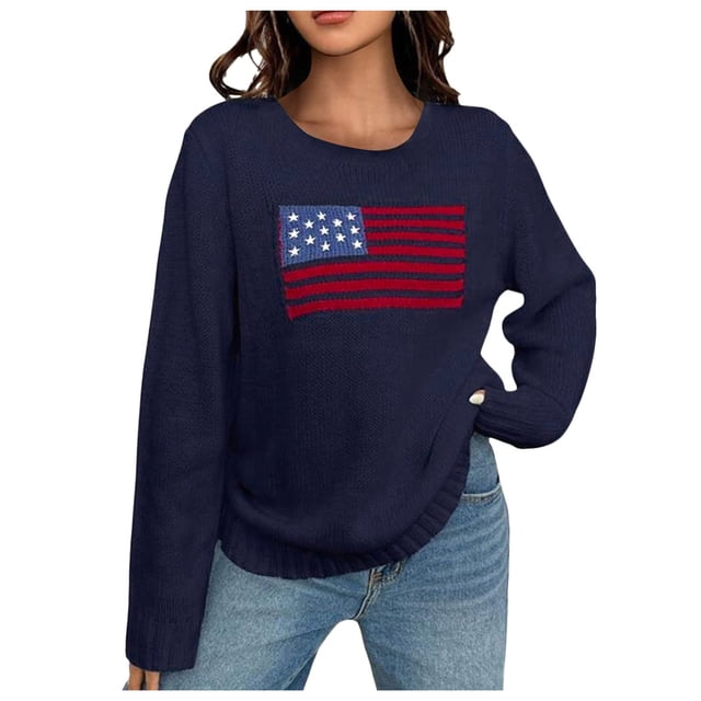 Chandail à Manches Longues pour Femmes Drapeau USA Chandail Ample Décontracté Col Rond Chandail en Molleton