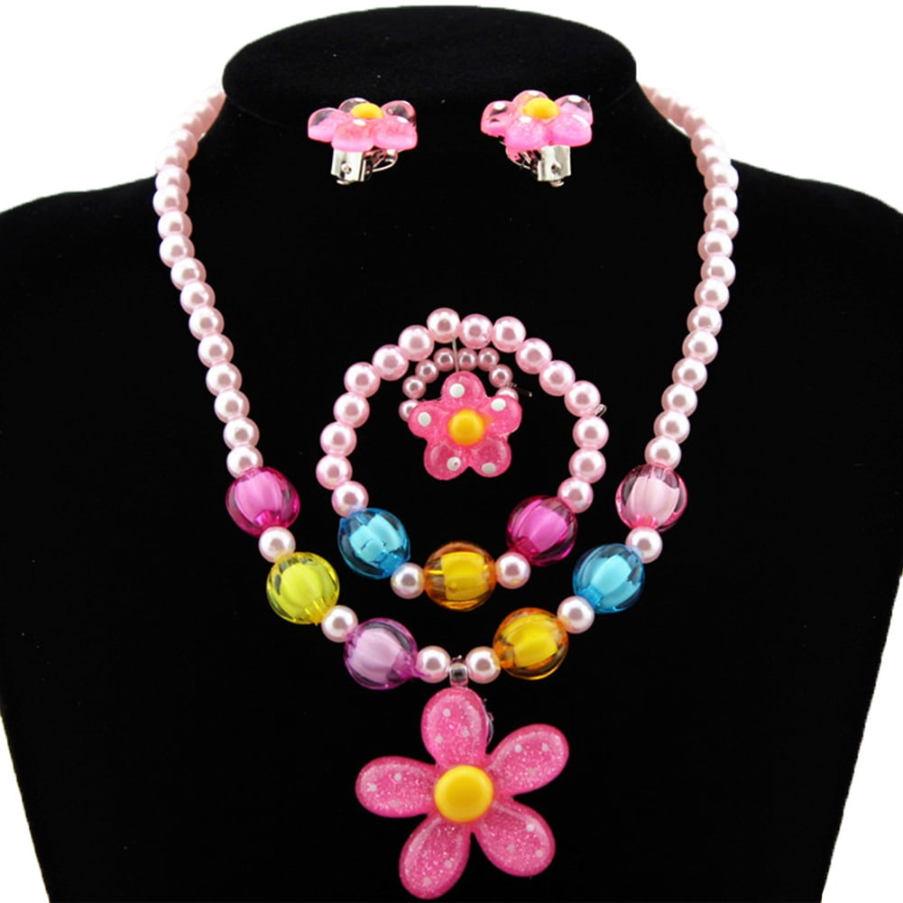SJENERT 4Pcs Girl Princess Necklace Bracelet with Flower Pendant