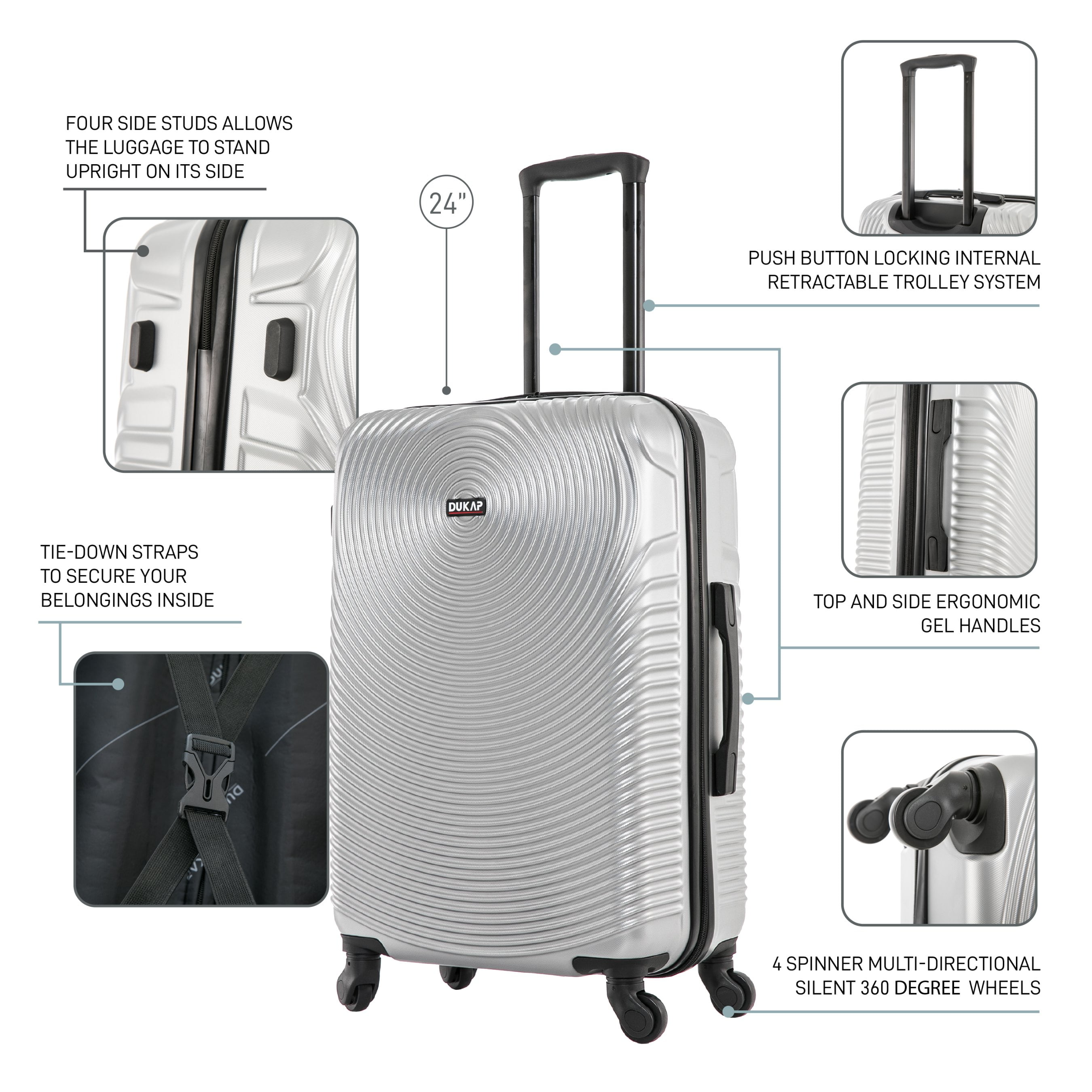 DUKAP Inception 24" Hardside Lightweight Luggage with Spinner Wheels, Handle and Trolley, Silver