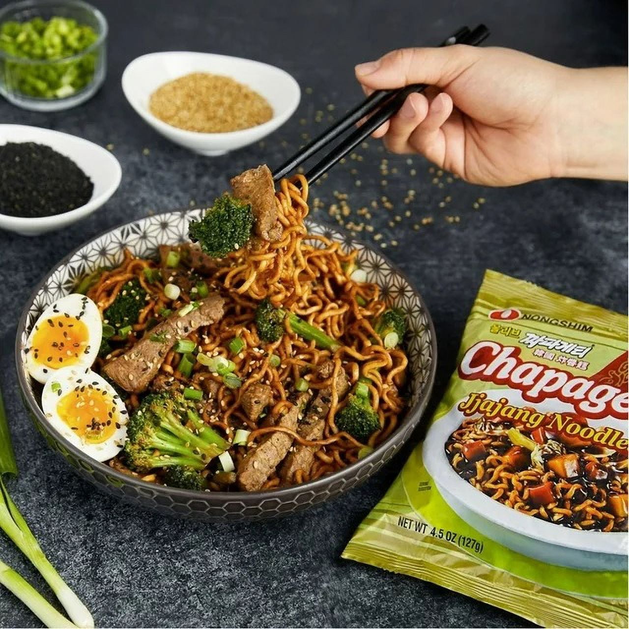 Nongshim CHAPAGETTI: Chewy Korean Ramen Noodles in Black Bean Sauce (8 Pack)