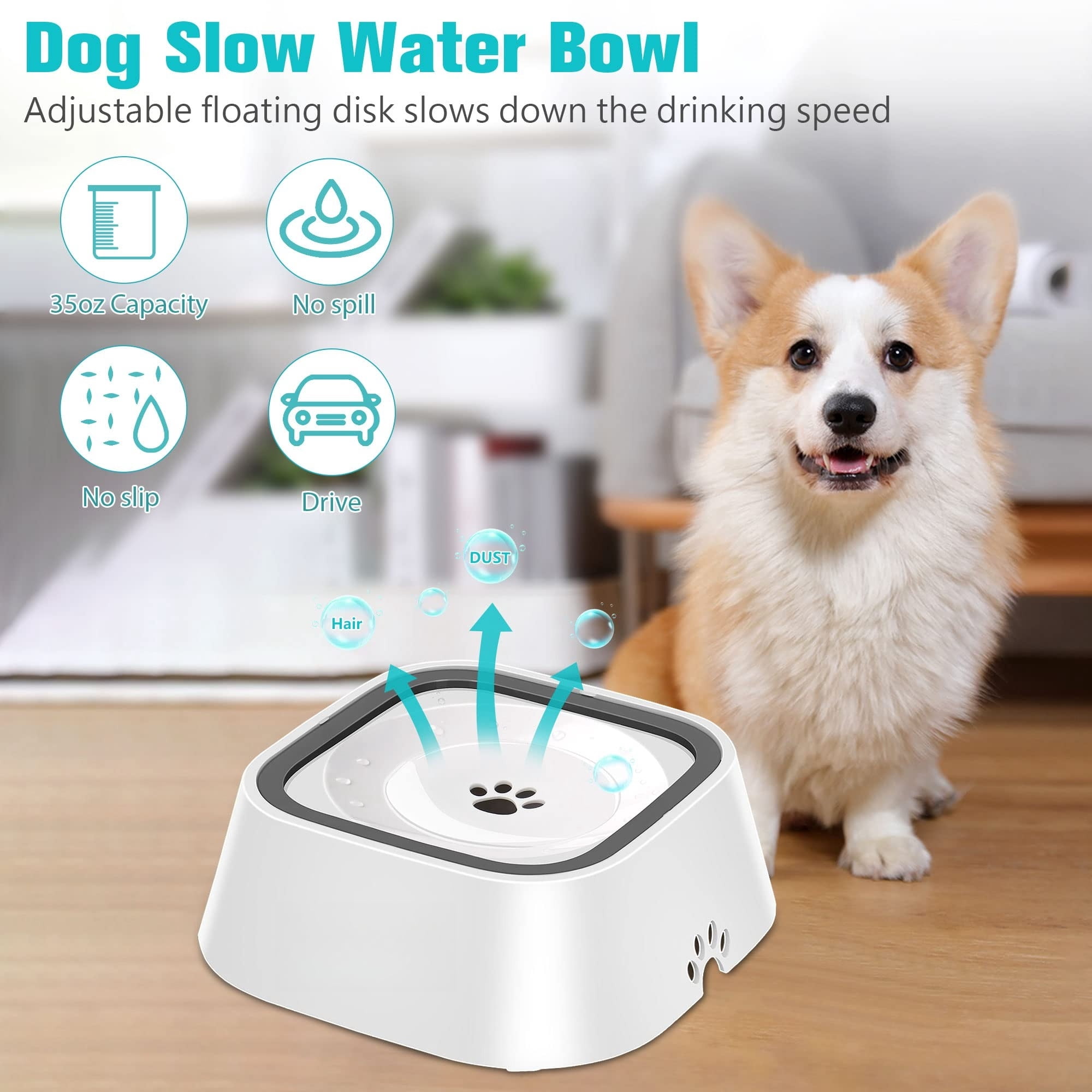 No-Spill Pet Water Bowl, Slow Water Feeder, No-Slip Pet Water Dispenser 35oz Feeder Bowl for Dogs and Cats-2Pcs
