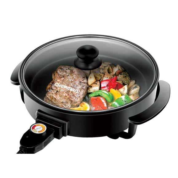 Chefman RJ05-12-RO RJ05-12-RO Chefman Color Negro, Sartén Eléctrico Multifuncional, Con revestimiento antiadherente, tapa de vidrio templado,