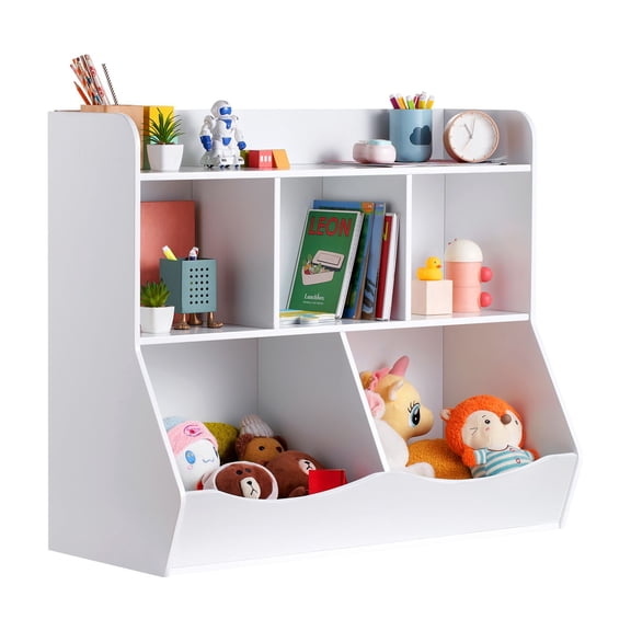 5-Cubby Toy Storage Cabinet with Bookshelf, Wood Kid's Organizer for Toys & Books, Nursery, Classroom, Playroom Furniture, White