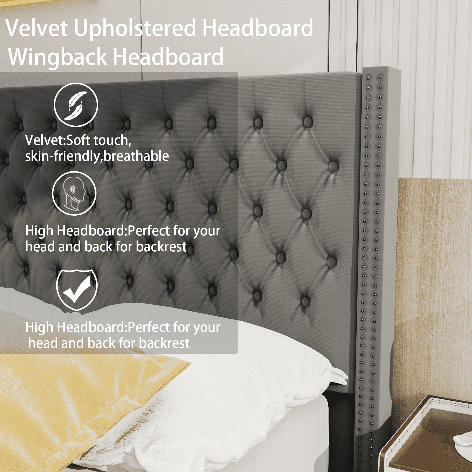 Nathaniel Home Queen Beds, Upholstered Tufted Bed, Platform Bed Frame with Diamond Low Profile Platform Beds Strong Wooden Slats, Adult Size Gray