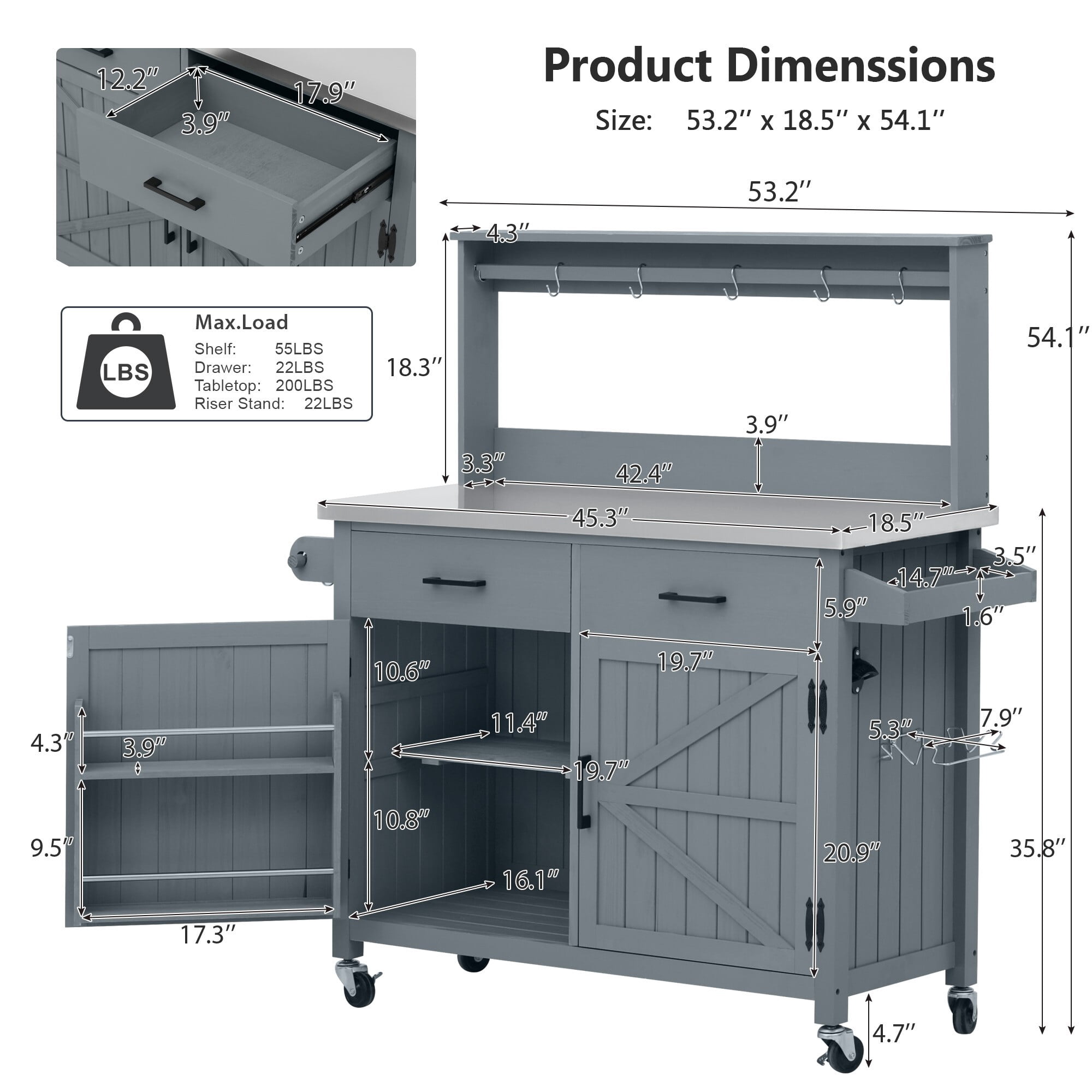 AENKYO 54" Outdoor Kitchen Island, Rolling Grill Cart & Potting Bench with Stainless Steel Top, BBQ Prep Station, Blue